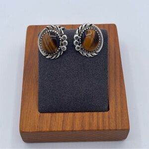 Vintage Natural Tiger’s Eye Earrings 925 Sterling Silver Southwestern Clip-On